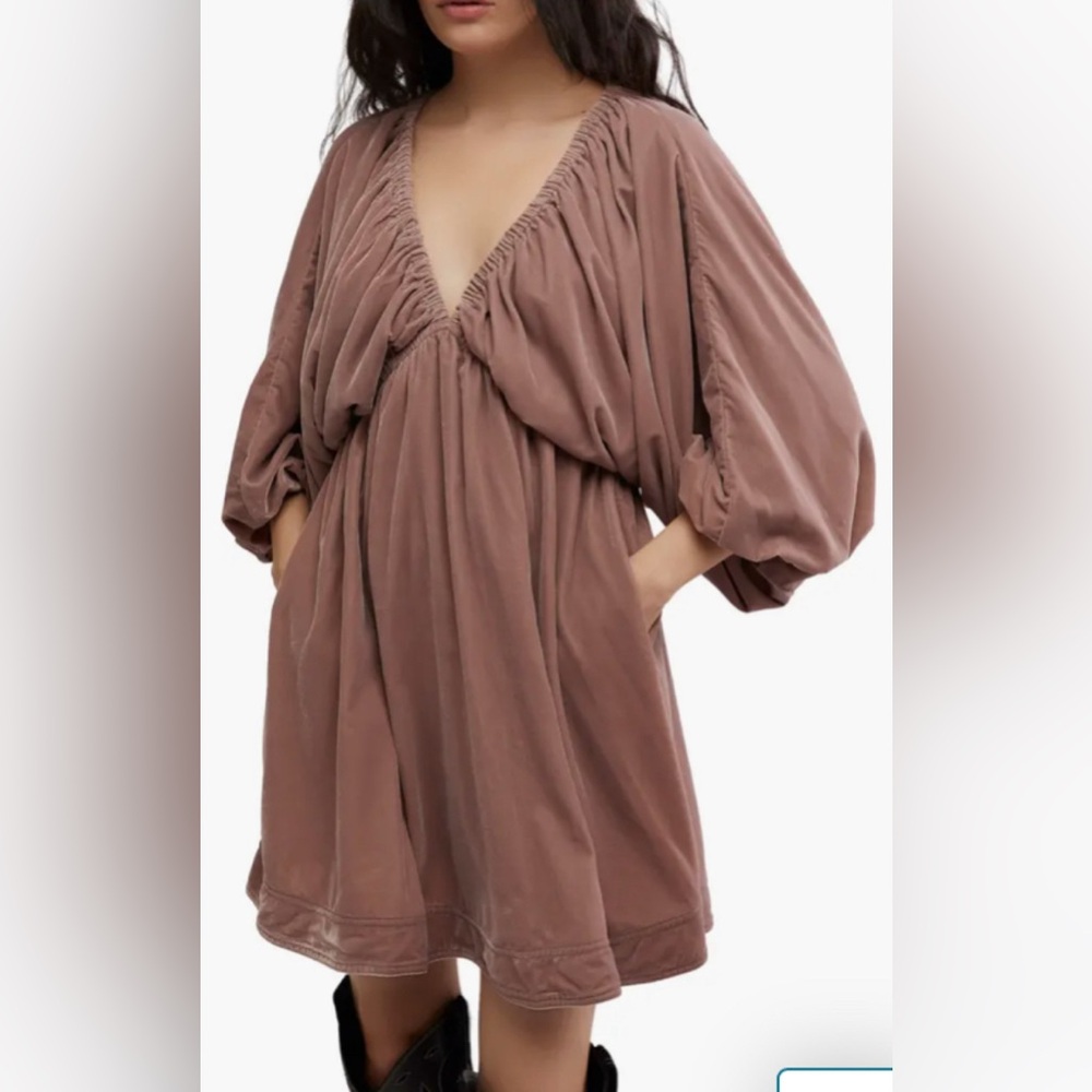 Free People Mauve Brown Long Sleeve V-Neck Mini Dress